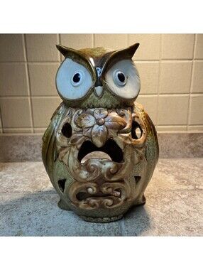 Autumn Woodland Owl Stoneware Votive Candle Holder Floral Cutouts